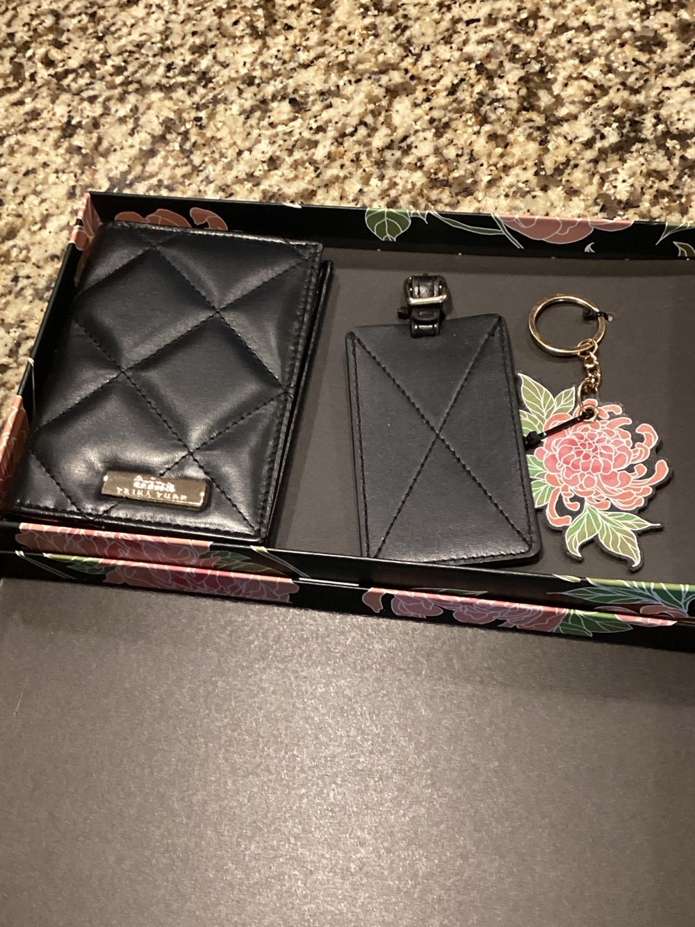 Kate Spade Quilted Black Leather Phone Card Wallet & Luggage Tag Set